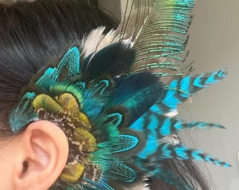 Peacock Feather Ear Cuff, Teal Blue Green Iridescent Wing Accessory, Non-Pierced Ears
