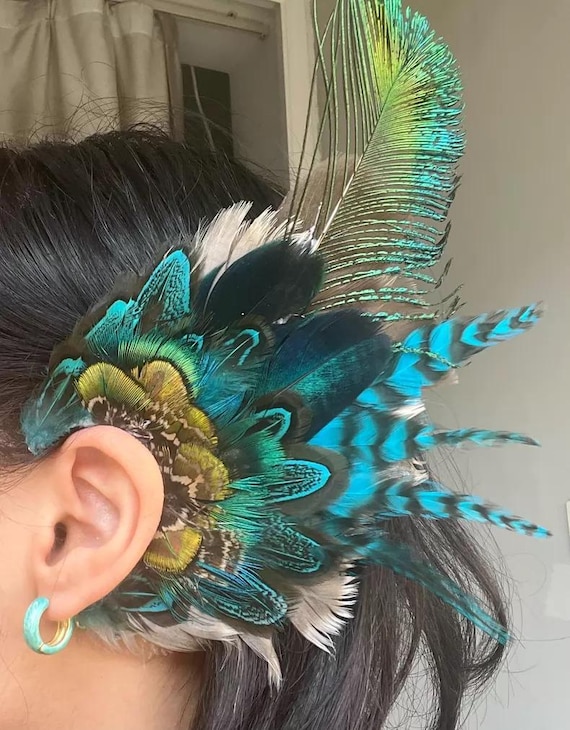 Peacock Feather Ear Cuff, Teal Blue Green Iridescent Wing Accessory, Non-Pierced Ears