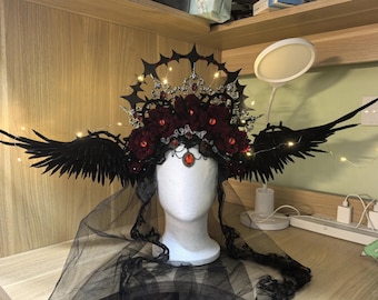 Dark Gothic Crown Headdress Black Raven Wing Headpiece Red Rose Vampire Queen Halo Crown