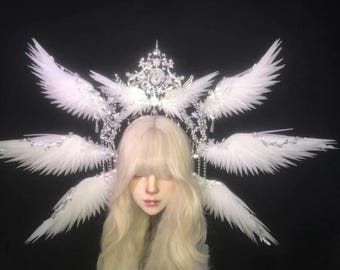 Angel Headpiece Feather Crown Halo Headband White Wings Headdress Handmade