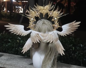Angel Feather Wings Headdress，Golden Angel Wing Headpiece, Halo Crown Headband