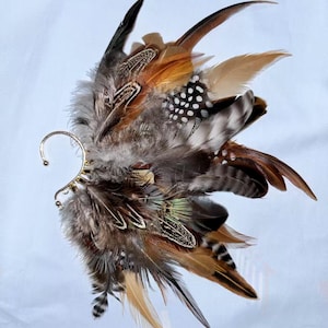 May include: An ear cuff featuring a cluster of feathers in shades of brown, tan, black, and white. The feathers are arranged in a layered design, with a gold-colored metal ear loop. The feathers have various patterns, including spots and stripes.