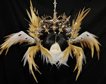 Corona de ángel de ocho alas con ojo de demonio, tocado gótico de serafín, tocado de halo celestial de oro blanco, corona de fantasía para cosplay.