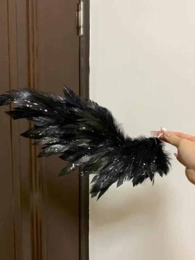 May include: A black feather wing with glitter accents. The wing is made of multiple black feathers and is held up against a white wall and a brown door. The feathers are arranged to resemble a wing.