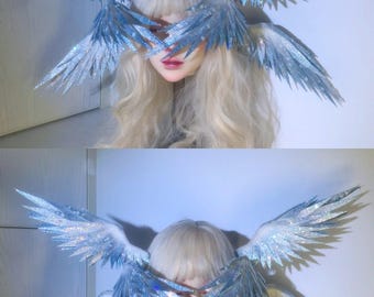 Six Wing Angel Headband, Feather Earrings and Wings Headband - Shimmering Blue-Silver Six-Wing Headpiece