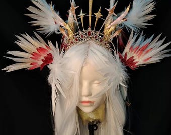 Tocado de plumas de fantasía, corona de alas de ángel, tocado de serafín, tocado de halo celestial, corona gótica para cosplay, accesorio de disfraz hecho a mano