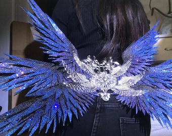 Dark Angel Wings, Blue Black Glitter Cosplay Costume, Statement Fantasy Back Wings