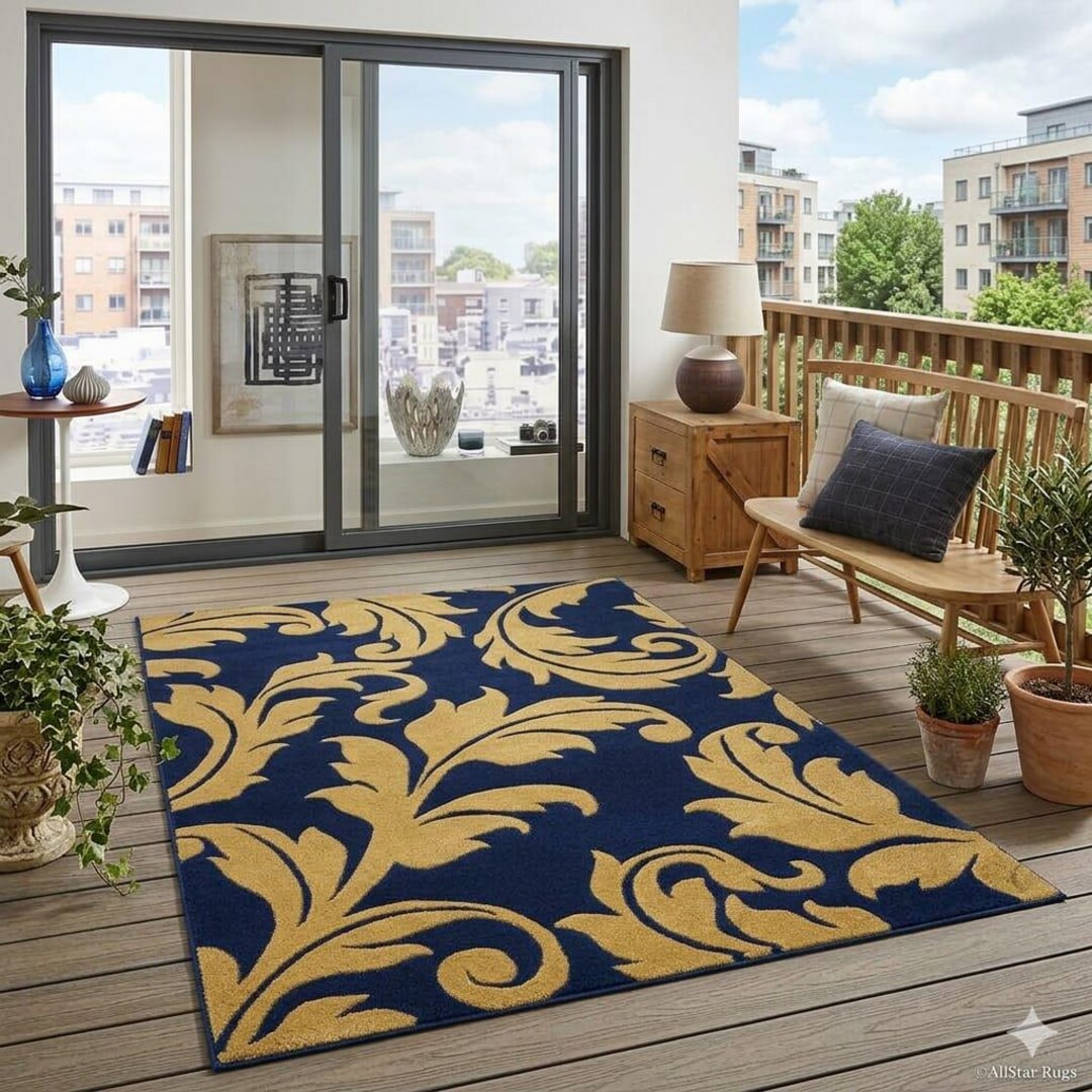 Royal Blue Gold Floral Baroque Area Rug | Luxury Scroll Pattern Carpet ...
