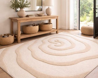 Luxury Neutral Abstract Swirl Rug | Hand Tufted Minimalist Beige Cream Area Rug | Modern Scandinavian Living Room Carpet