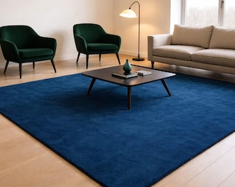 Luxus, tiefblauer minimalistischer Teppich | Moderner Massiver Plüsch Teppich für Wohnzimmer & Büro | Weicher Handgetufteter Zeitgenössischer Bodenteppich