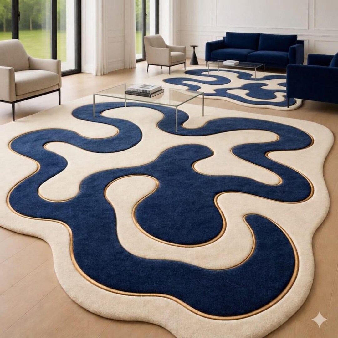 Abstract Wavy Tufted Rug | Blue Cream Modern Designer Carpet | Soft ...