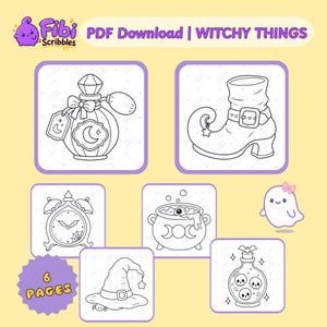 Cute Witch Things Coloring Pages Printable, 6 Cozy Halloween Designs, Instant PDF Download