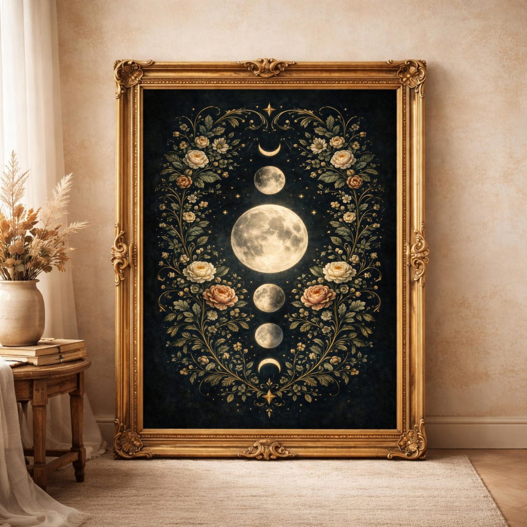 Moon Phases Botanical Print, Dark Academia Celestial Wall Art, Vintage ...