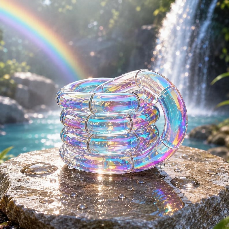 May include: A coiled, iridescent, translucent plastic sensory tube toy with a segmented, flexible design. The material reflects a spectrum of rainbow colors, appearing glossy and smooth, with visible joints connecting each curved section of the tube.