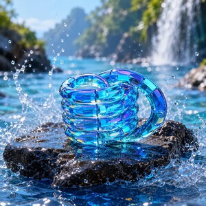 May include: A translucent, iridescent blue coiled fidget toy with a segmented, circular design. The object features a glossy, reflective surface that shifts in color, composed of multiple interconnected rings forming a continuous, flexible spiral structure.