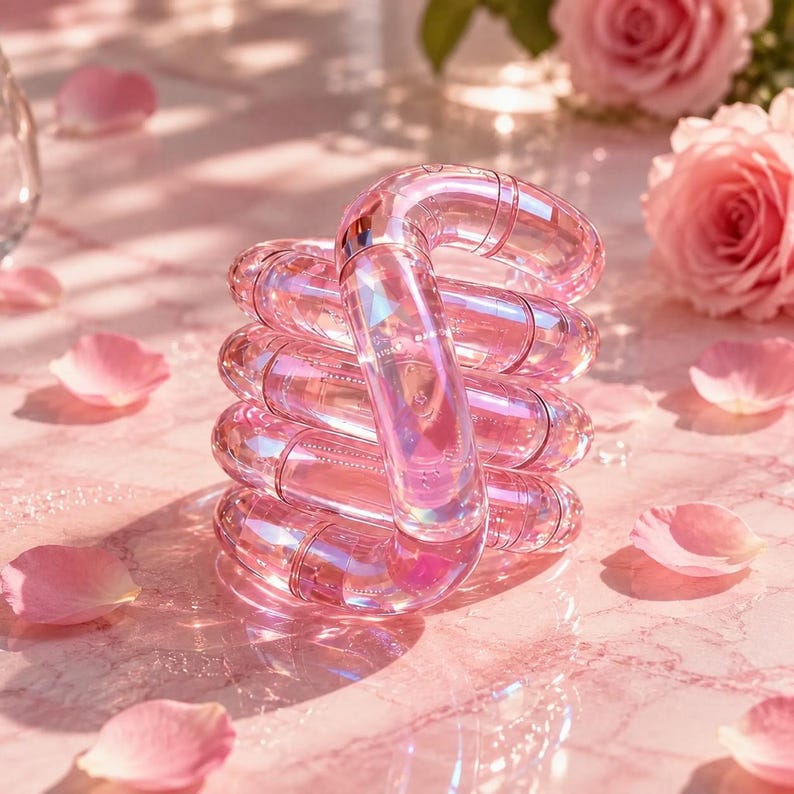 May include: A translucent pink fidget toy composed of interconnected, curved cylindrical segments that form a continuous, spiraling loop. The plastic material has a glossy, iridescent finish that reflects light, creating subtle highlights and shadows.