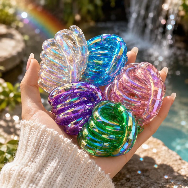 May include: A collection of five iridescent, coiled plastic springs in clear, blue, purple, pink, and green colors. Each spring features a smooth, segmented, and translucent design that reflects light, creating a shimmering effect across the surfaces.