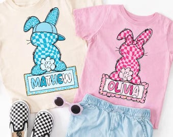 Custom Easter Bunny png, Matching Kids Shirt Design, Retro checkered bunny Graphic for Boy Girl, coquette bunny png, personalized kids shirt