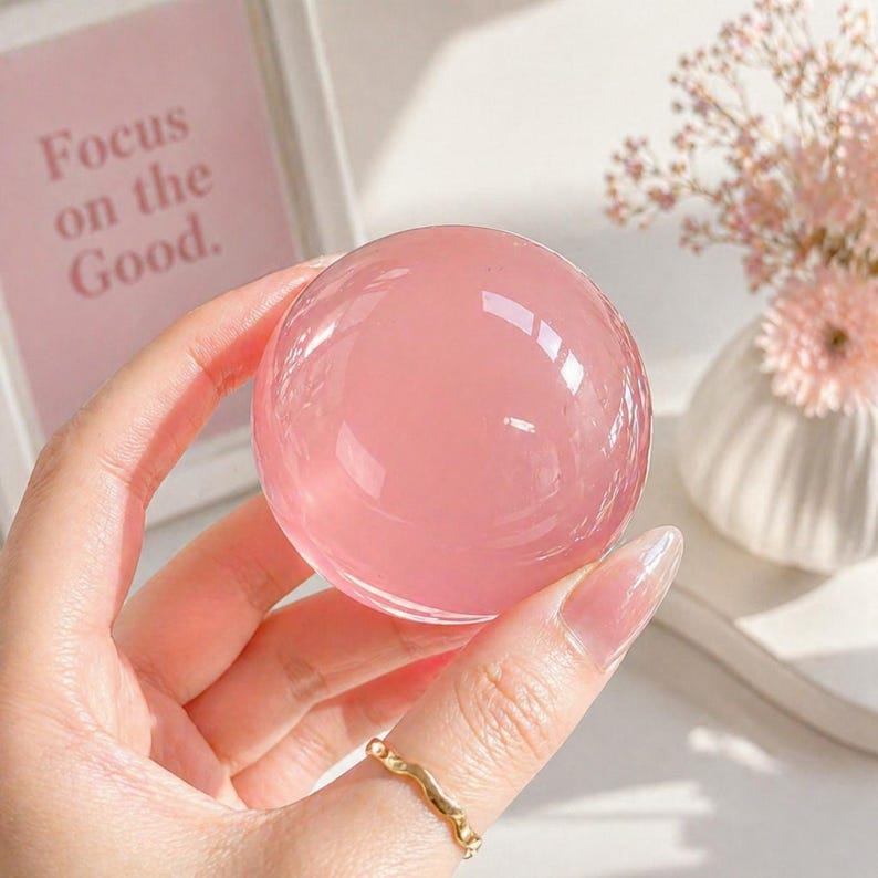 May include: A translucent pink crystal ball is held in a hand, reflecting light. The ball is smooth and spherical. In the background, a framed print reads "Focus on the Good." A small vase with pink flowers is also visible.