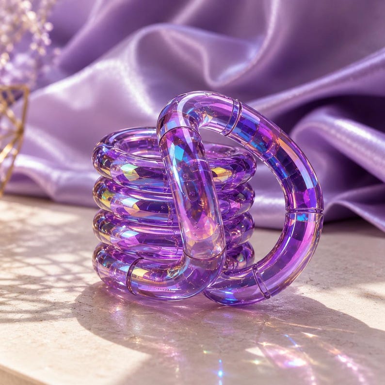 May include: A translucent purple fidget toy composed of multiple interconnected curved segments. The plastic material features an iridescent, holographic finish that reflects light, creating a shimmering effect across the circular, coil-like structure.