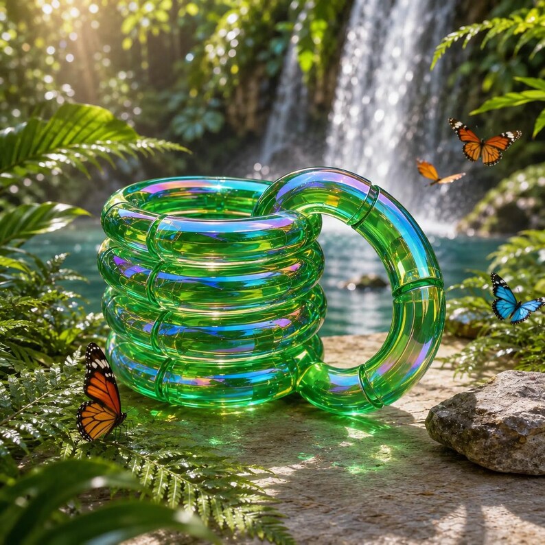 May include: A translucent, iridescent green mug with a stacked, ringed cylindrical body and a large, circular handle. The surface of the glass reflects light with shifting hues of purple and gold, creating a vibrant, multi-dimensional appearance.