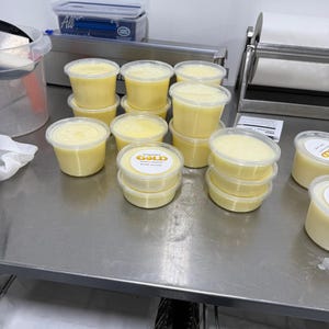 May include: A collection of clear plastic containers filled with a light yellow, creamy substance. Some containers are stacked on a stainless steel surface. The containers have white lids with a gold label that reads "GOLD".