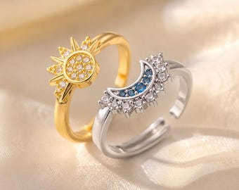 Sun and Moon Ring Set, Gold Sun Ring and Silver Moon Ring, Adjustable Celestial Rings for Women, Matching Promise Ring Gift