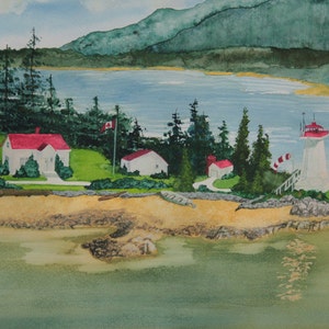 Canadian lighthouse, seascape, landscape print, colorful, Northwest art, red, Canadian art print, watercolor print,  fine art giclee print