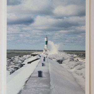 3-pack Lake Michigan pier-head light note card, blank greeting card, winter surf, Holland Michigan, fine art photo note cards, marine art