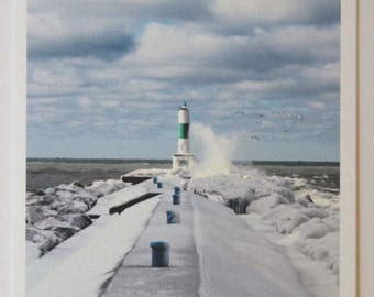 3-pack Lake Michigan pier-head light note card, blank greeting card, winter surf, Holland Michigan, fine art photo note cards, marine art