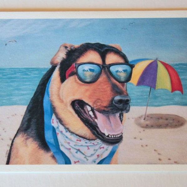 1 Lifes a Beach note card, blank greeting card, German Shepherd, Rottweiler, dog art, fine art note cards, cool dog in sunglasses