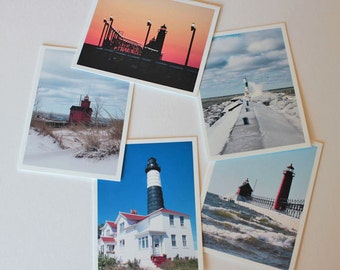 Michigan Lighthouses 1 assorted boxed blank Greeting Card Set, Lake Michigan, box of 10 w/envelopes, Photo cards, note cards