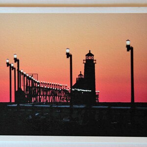 3-pack Michigan lighthouse note card, blank greeting card, Sunset Over Grand Haven Lighthouse, fine art note card, photo note cards, sunset