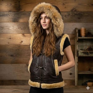 Chocolate Brown Leather Shearling Vest | Hooded Faux Fur Lined Biker Gilet Jacket