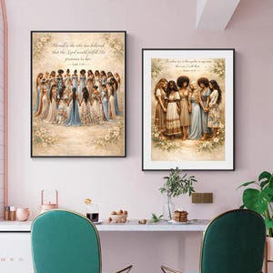 May include: Two framed art prints depicting groups of women in flowing dresses. The left print shows a larger group, while the right print features a smaller gathering. Both prints have floral accents and inspirational text. The artwork is displayed in a room with a pink wall and green chairs.