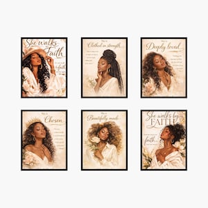 Puede incluir: Conjunto de seis impresiones artísticas enmarcadas con retratos de mujeres negras con citas inspiradoras. Cada impresión tiene un marco negro y un fondo sepia. Las citas incluyen "She walks by faith" y "Deeply loved."