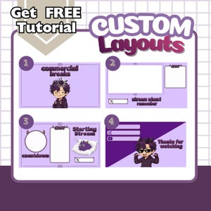 Puede incluir: Un gráfico morado y blanco con el texto "Get FREE Tutorial" en la parte superior. El gráfico se divide en cuatro secciones etiquetadas 1-4, cada una con un diseño de diseño diferente para la transmisión. Las palabras "CUSTOM Layouts" están en el centro.