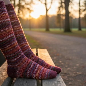Könnte beinhalten: Kniestrümpfe in Burgunder-, Orange- und Weißtönen mit einem strukturierten Streifenmuster. Die Socken liegen auf einer Holzbank in einem Park. Der Hintergrund zeigt einen Weg, Bäume und das warme Licht der untergehenden Sonne. Ein gemütliches Accessoire.