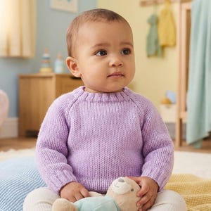 May include: A baby wearing a light purple knitted sweater, seated on a blue blanket. The sweater has a ribbed neckline and cuffs. The baby is holding a stuffed animal. The background includes a crib and other nursery items.