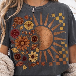 Boho Fall Sunflower PNG, Autumn Floral Sun Graphic, Retro Fall Flowers PNG, Vintage Autumn Leaves Design, Sublimation PNG Download