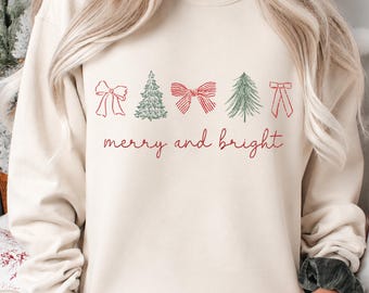 Merry and Bright PNG, Christmas Bow PNG, Christmas Tree PNG, Retro Christmas Sublimation, Holiday Shirt Design, Instant Download