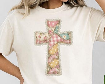 Patchwork Cross PNG, Christian Easter Cross Design, Vintage Floral Faith PNG, Religious Spring Shirt Design, Sublimation, Instant Download