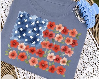 Floral American Flag PNG, Patriotic Watercolor USA Flag Design, Red White Blue Flower Sublimation PNG, 4th of July Shirt Graphic Download