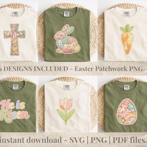 Easter Patchwork PNG Bundle, 6 Designs Included, Bunny Carrot Cross Floral Egg PNG, Christian Easter SVG, Spring Shirt, Instant Download