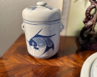 Vintage Pier 1 blue and white koi fish canister
