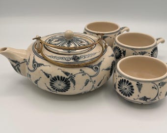Juego de té Bat Trang vintage azul y blanco