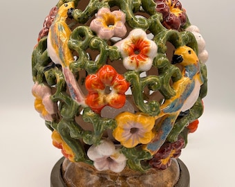 Vintage vogel- en bloemenlamp in Meissen-stijl