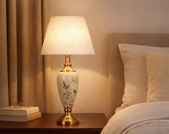 Vintage keramische tafellamp met gebloemd vogelontwerp, gouden voet bedlamp, linnen geplooide geschulpte lampenkap, warm led-nachtlampje
