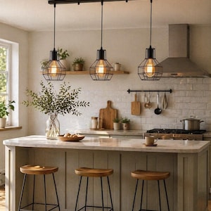 Lámpara colgante industrial tipo jaula, iluminación moderna para islas de cocina, lámpara colgante estilo granja, lámpara de techo de altura ajustable.