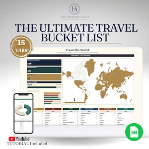 May include: A digital travel tracker titled The Ultimate Travel Bucket List featuring a world map, progress statistics, and country checklists. The interface displays 15 tabs, a 198-country count, and a YouTube tutorial icon. The layout includes a laptop screen and a smartphone showing a pie chart.